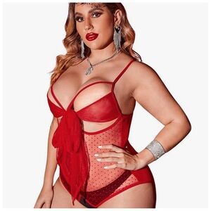 Plus Size Knot Front Sheer Mesh Cut-Out Crotchless  Bodysuit; 2XL